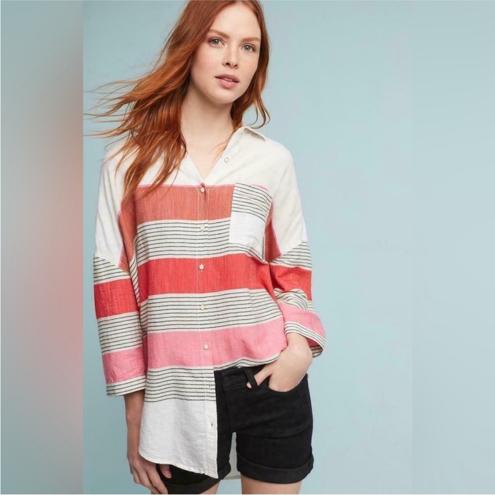 Anthro Holding Horses Monroe Striped Oversized Cotton Button Down Shirt Size M/L